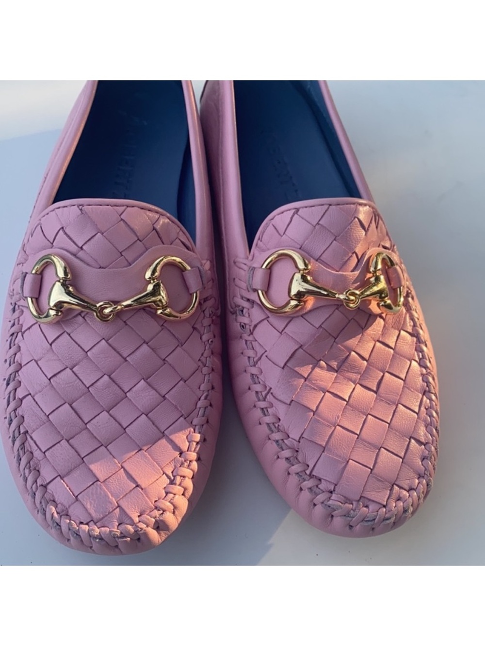 Robert Zur Pink Woven Leather Moccasins with Gold Horsebit